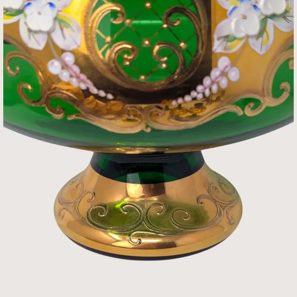 1960s Bohemian Green Glass High Enamel Gold Trim Bowl Cordial Set